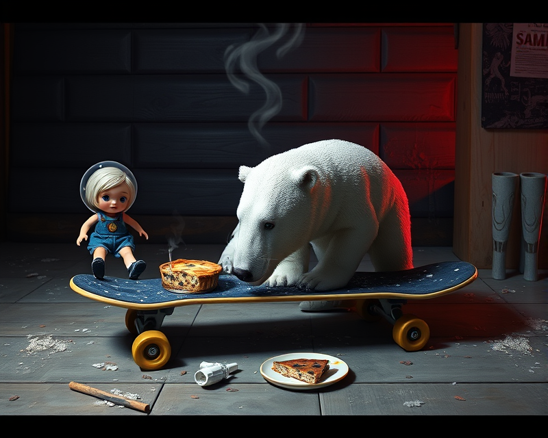 skateboard, doll, polar bear, cigarette, pie